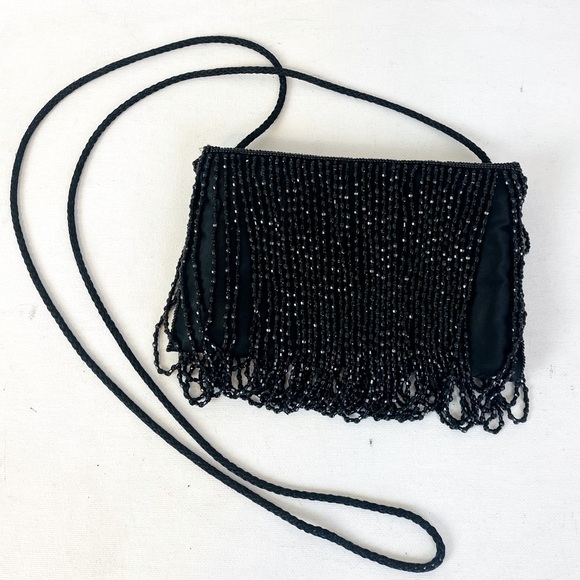 La Regale Bead Fringe Satin Black Evening Purse 7” x 4” - Picture 6 of 7